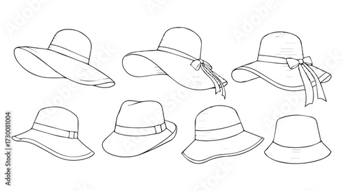 Collection of diverse elegant wide-brimmed summer hats and sun hats sketches for fashion design vector