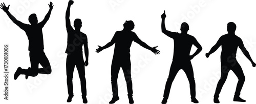 Silhouettes of Expressive Human Poses Featuring Jumping, Pointing, Clenched Fist, Open Arms, and Confident Gestures for Motivation Themes