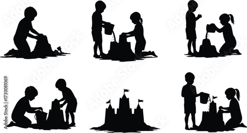 Children building sandcastle on beach, kids playing with bucket and sand, summer vacation activity, childhood fun, teamwork, outdoor recreation, silhouette illustration