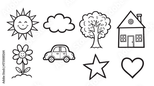 Collection of hand-drawn simple icons for childrens drawings and educational content vector