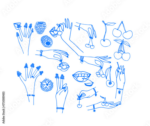 Blue set of raspberry, hands, eating berries.