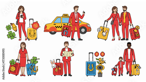 Illustrations of travelers with luggage and lucky symbols, portraying prosperous journeys and exciting adventures with good fortune and successful outcomes