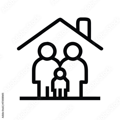 Family in house icon vector illustration representing home, real estate, insurance, and security concepts in a simple black outline style