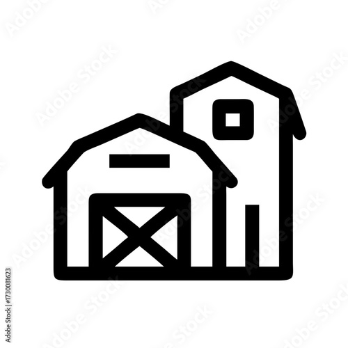 Simple black outline vector icon of a traditional farm building complex featuring a barn with a cross-braced door and a taller silo or house structure, ideal for agriculture, rural