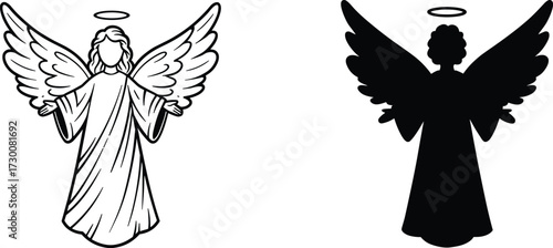 Angel vector illustration in silhouette and outline style, black and white design with halo, wings, robe and open arm pose