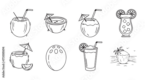 Tropical coconut drinks and refreshing summer beverages collection line art vector