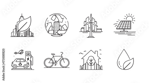 Hand drawn icons representing eco friendly concepts such as green energy transportation and nature vector