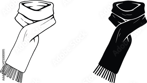Minimalist scarf illustration in black and white, fashion accessory vector with looped knot and fringe detail for design and style