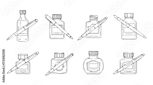 No ink bottles and pens simple line icons set creative illustration symbol concept vector