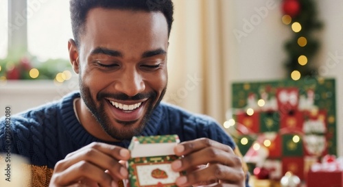 Joyful Black man smiling while opening a Christmas advent calendar gift box. Close-up of a happy person enjoying the holiday season at home. Festive winter celebration concept