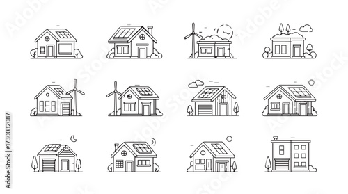 Hand drawn sketch collection of eco friendly houses with solar panels and wind turbines vector