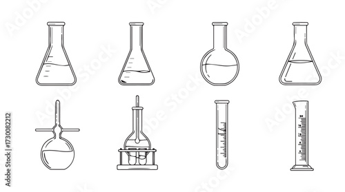 Collection of scientific laboratory glassware including flasks beakers and cylinders for chemistry research vector