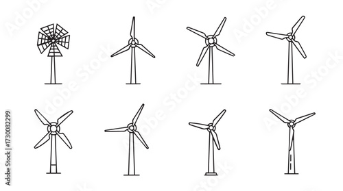 Eight hand drawn wind turbines showing various rotational positions and styles vector