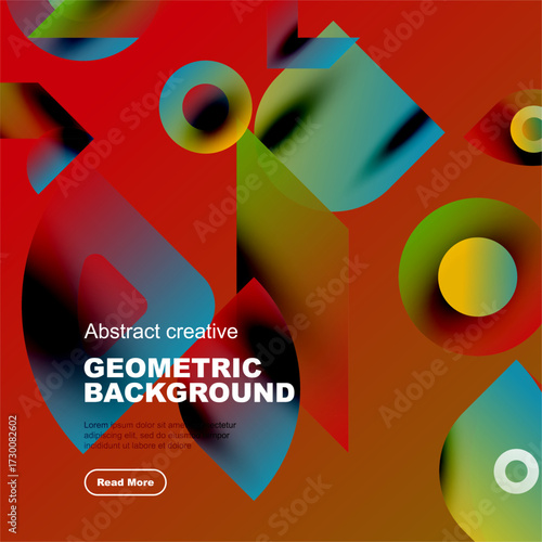 Vibrant geometric shapes overlap, creating dynamic colorful background. Text promotes creative design concept.