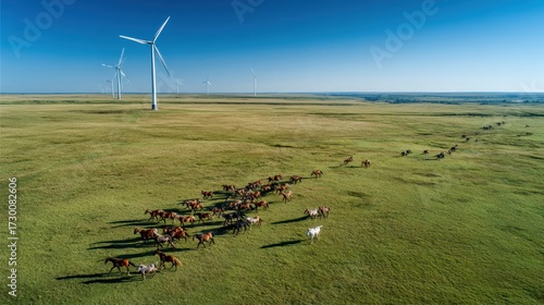 Aerial View of Horses Grazing Near Wind Turbines on Vast Green Prairie.