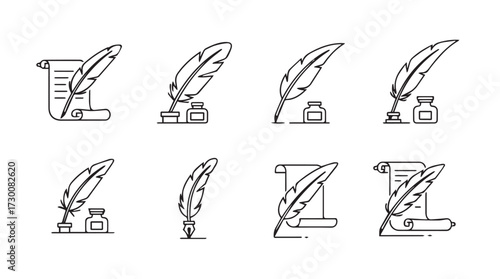 Collection of vintage quill pens and inkwells representing writing history and literature vector