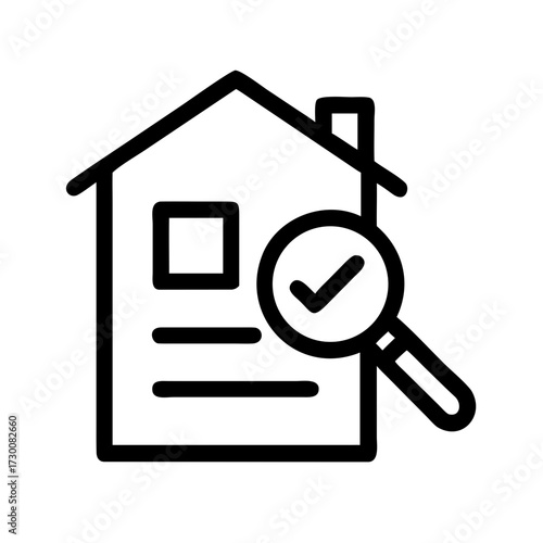 Home inspection magnifying glass house symbol examining building structure for real estate property assessment