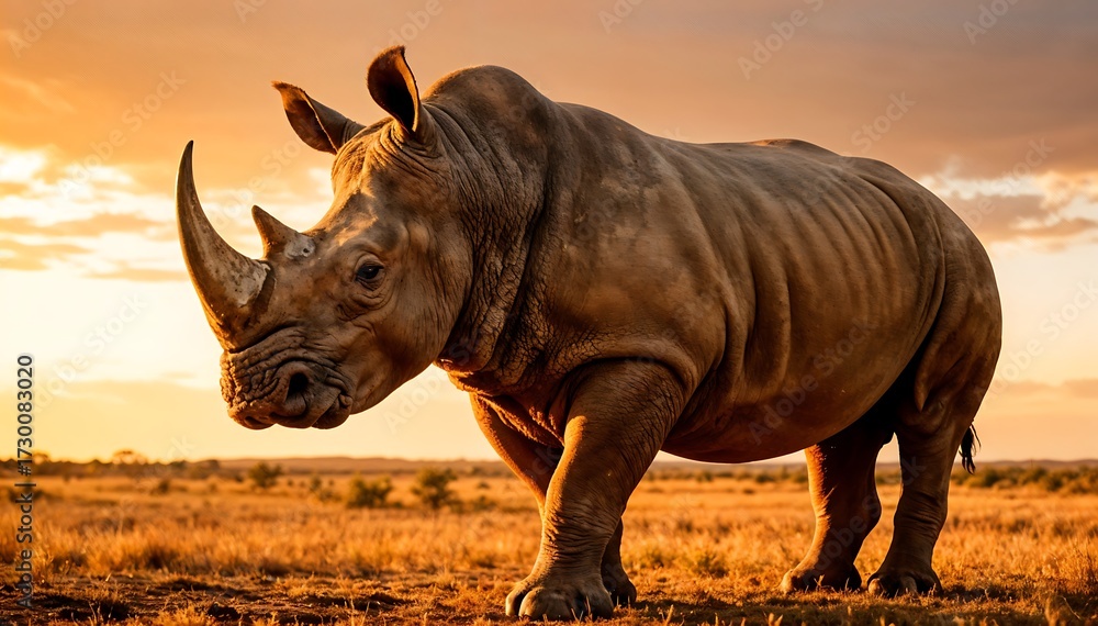 Fototapeta premium Rhino Standing Tall in Golden Sunset on African Plains