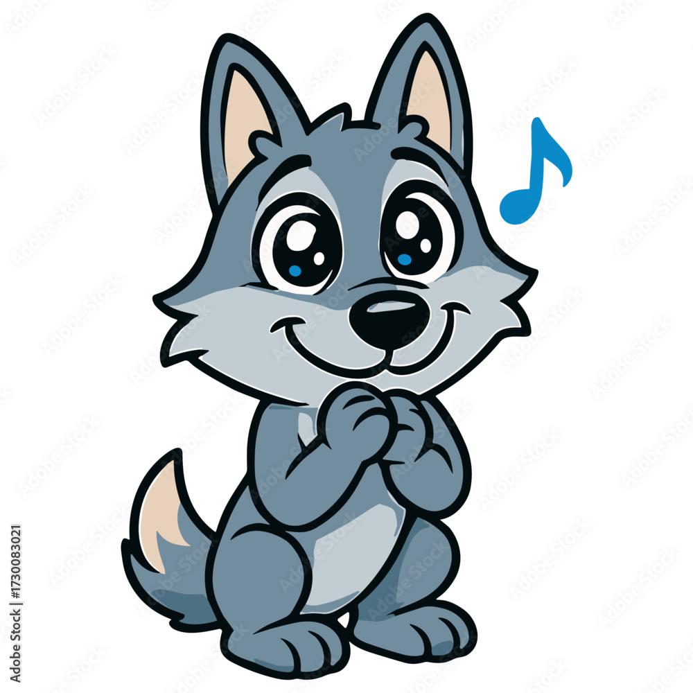 Obraz premium Cartoon wolf winks and waves with paw