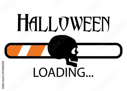 Logo con texto Halloween Loading con barra de progreso con calavera humana. Banner de descarga para felicitaciones y tarjetas
