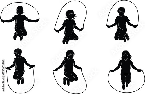 Children skipping rope silhouettes, kids jumping, fitness exercise, playful activity, outdoor fun, physical training, childhood sport, health lifestyle, active movement