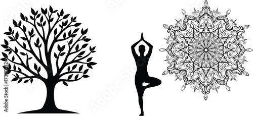 Tree pose yoga silhouette with mandala and stylized tree vector, black and white design for balance, nature and mindfulness themes