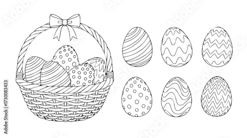 Whimsical hand drawn easter basket filled with patterned eggs festive holiday celebration vector