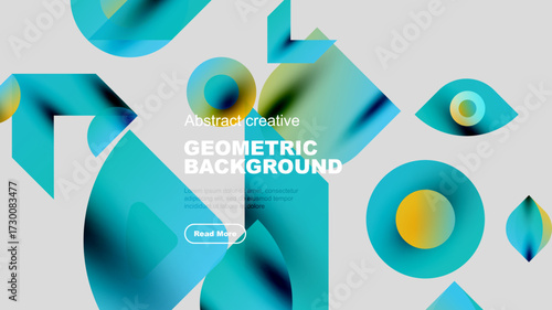 Abstract geometric shapes, vibrant colors, modern design. Text overlay promotes content with read more button. Minimalist aesthetic.