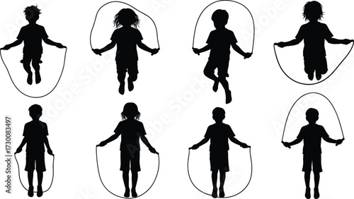 Children skipping rope silhouettes, kids playing, jump rope exercise, outdoor fun, fitness activity, childhood sport, active lifestyle, healthy movement, playful training