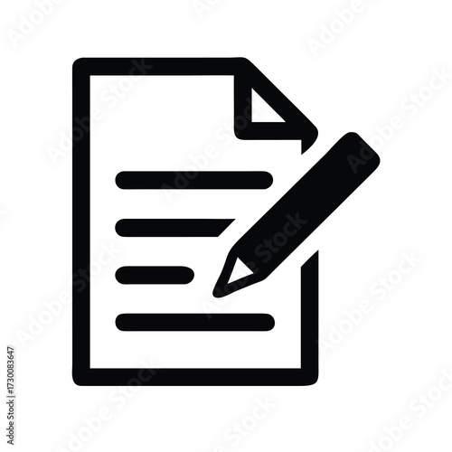 Black outline vector icon of a document page with a pencil writing on it, symbolizing editing, content creation, or note-taking, isolated on a white background for web design and business