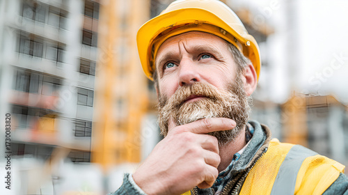 Man with beard yellow hard hat and reflective vest looks upward in front of a building under construction