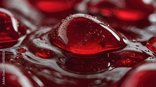 Close Up of Red Gummy Candy with Glaze and Bubbles in Macro Shot