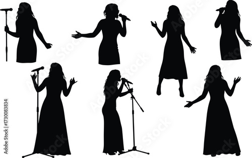 Female singer silhouette, woman performing on stage, holding microphone, concert performance, music show, live singing, stage artist, vocal performance illustration