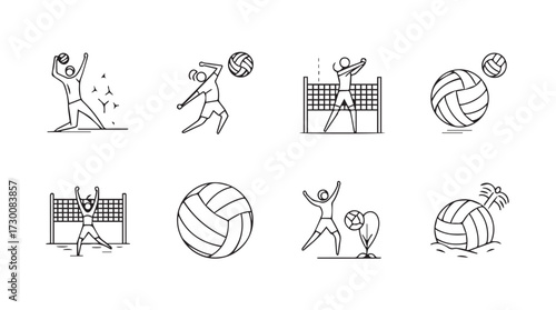 Hand drawn volleyball icons featuring players and balls in action scenes vector