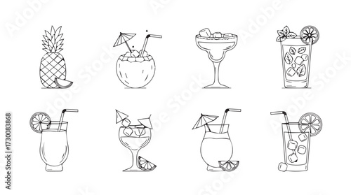 Collection of eight hand-drawn style cocktails and drinks in glassware featuring garnishes and ice vector