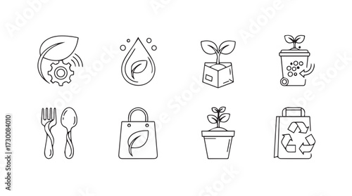 Sustainable living icons set natural elements organic products eco friendly lifestyle concepts vector