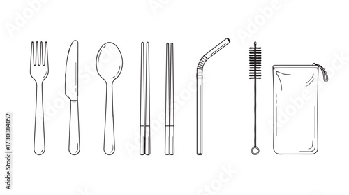Reusable cutlery set with straw spoon fork knife chopsticks travel utensil kit vector