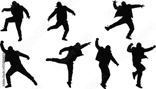 Silhouette men dancing hip hop, street dance poses, breakdance jumps, modern urban style performance, freestyle moves, energetic motion, artistic body expression