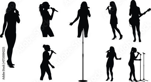 Female singer silhouettes, women performing on stage, holding microphone, singing illustration, concert performance, music show, stage artist, vocal talent, entertainment design