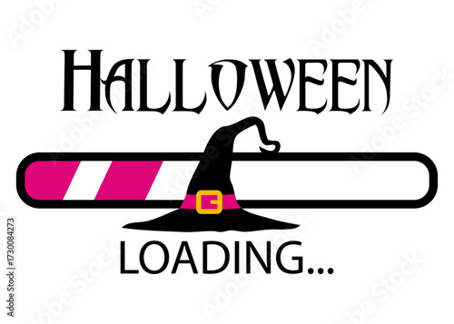 Logo con texto Halloween Loading con barra de progreso con sombrero de bruja. Banner de descarga para felicitaciones y tarjetas