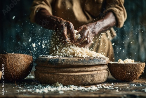 Artisan Hands - Coconut Grating, Rustic Kitchen, Sri Lanka.