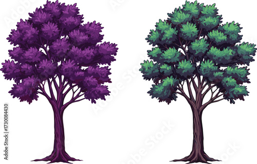 Two stylized trees with purple and green foliage, symbolizing fantasy versus reality and environmental storytelling in vector silhouette illustration
