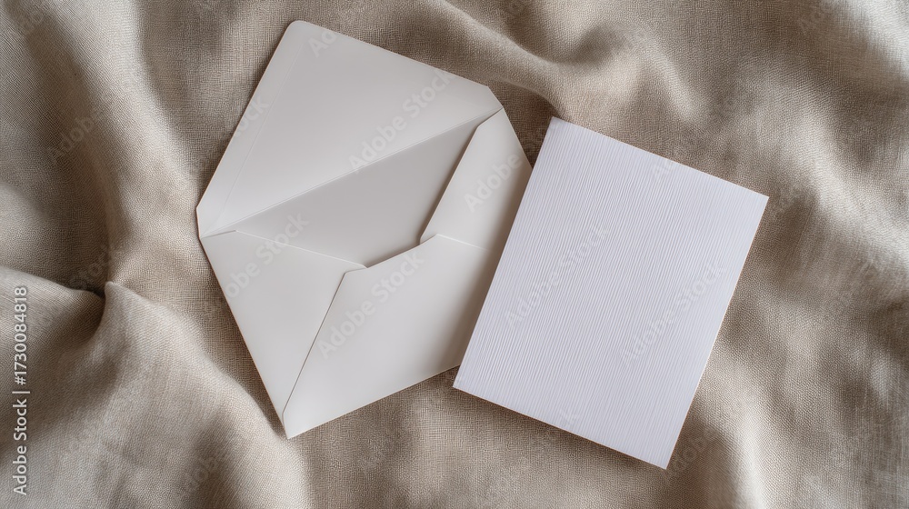 Fototapeta premium Elegant Blank White Envelope and Card on Soft Neutral Fabric Background for Customizable Designs