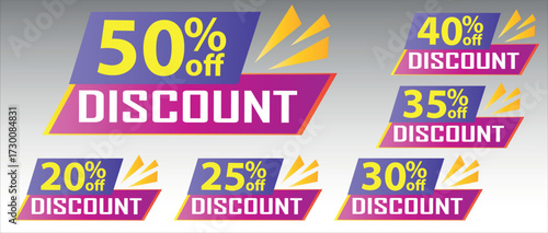 Discount buy now label pop-up banner with different sale percentage. 20, 25, 30, 35, 40, 50 percent off price reduction badge promotion, red discount sale tags with percentages	