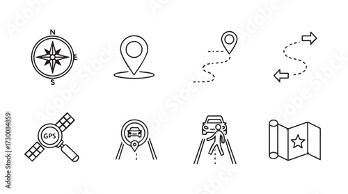 Set of travel and navigation icons including compass map pins route and magnifying glass vector