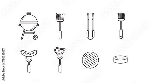 Barbecue grill set collection featuring tools sausage burger and food items for outdoor cooking and grilling vector