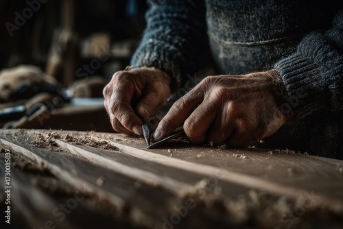 Artisans Weathered Hands Meticulously Carving Wood in a Dimly Lit, Rustic Workshop.