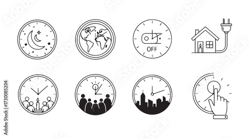 Eight circular icons representing concepts of energy conservation technology sustainability and modern living vector
