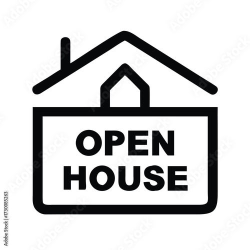 Simple icon of an open house sign with house symbol for real estate and property events