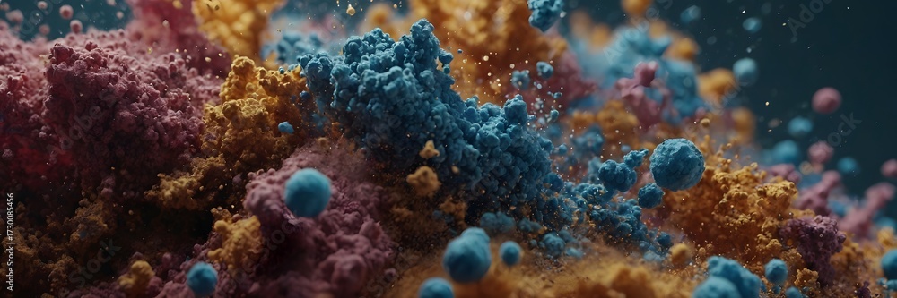 Fototapeta premium Colorful Powder Explosion in Dark Background with Vibrant Blue Yellow Pink Particles